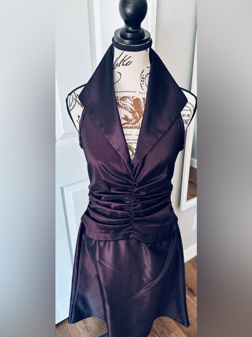 Tadashi Shoji Plum Ruched Halter Gown - Picture 3 of 9